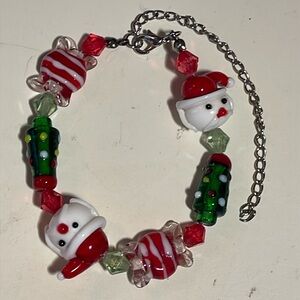 SOLD: Glass Santa, Tree & Candy Beads On Adjustable Silver Tone Chain Bracelet